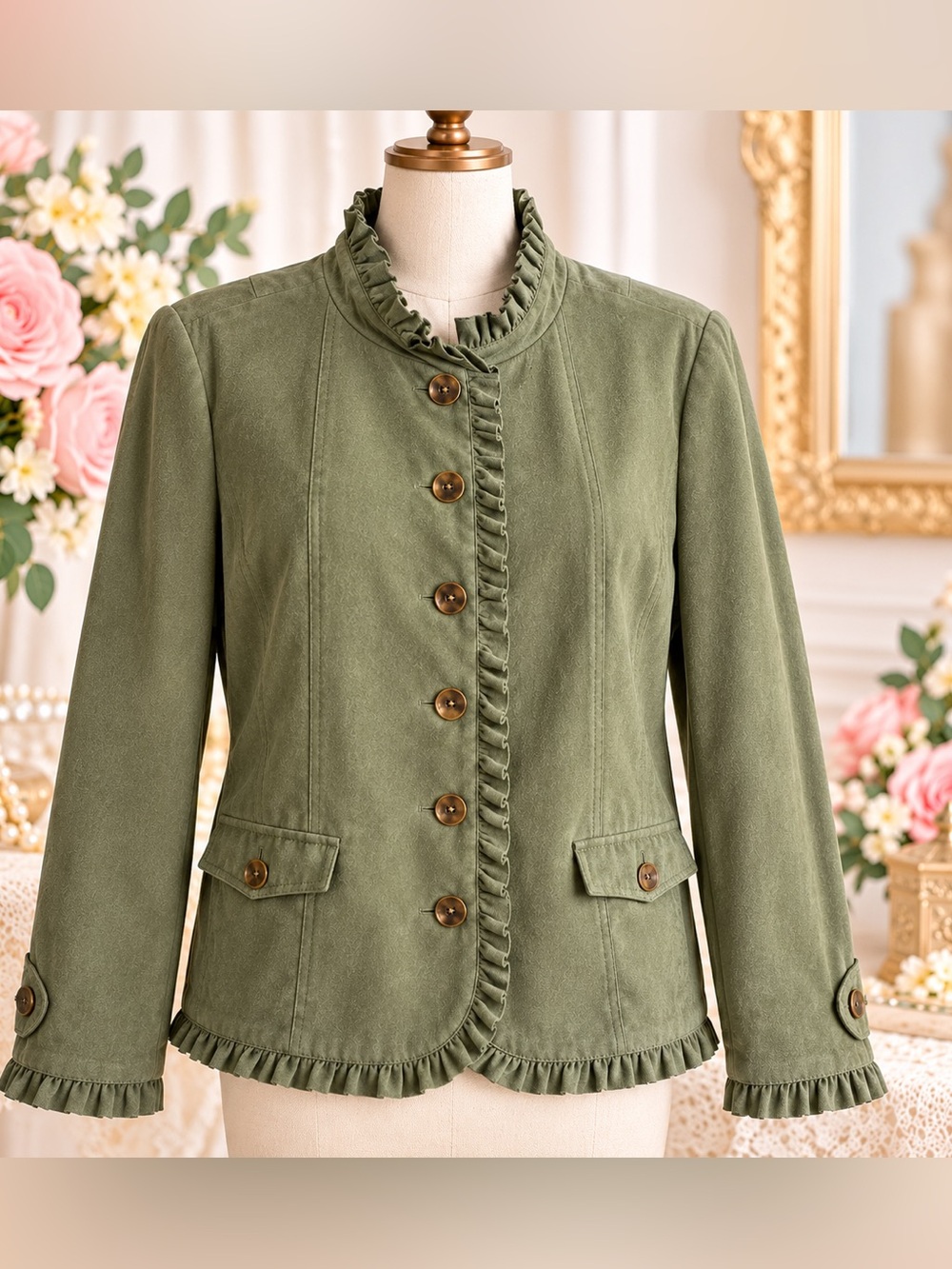 Dressbarn Large Olive Green Faux Suede Ruffle Jacket Button Front